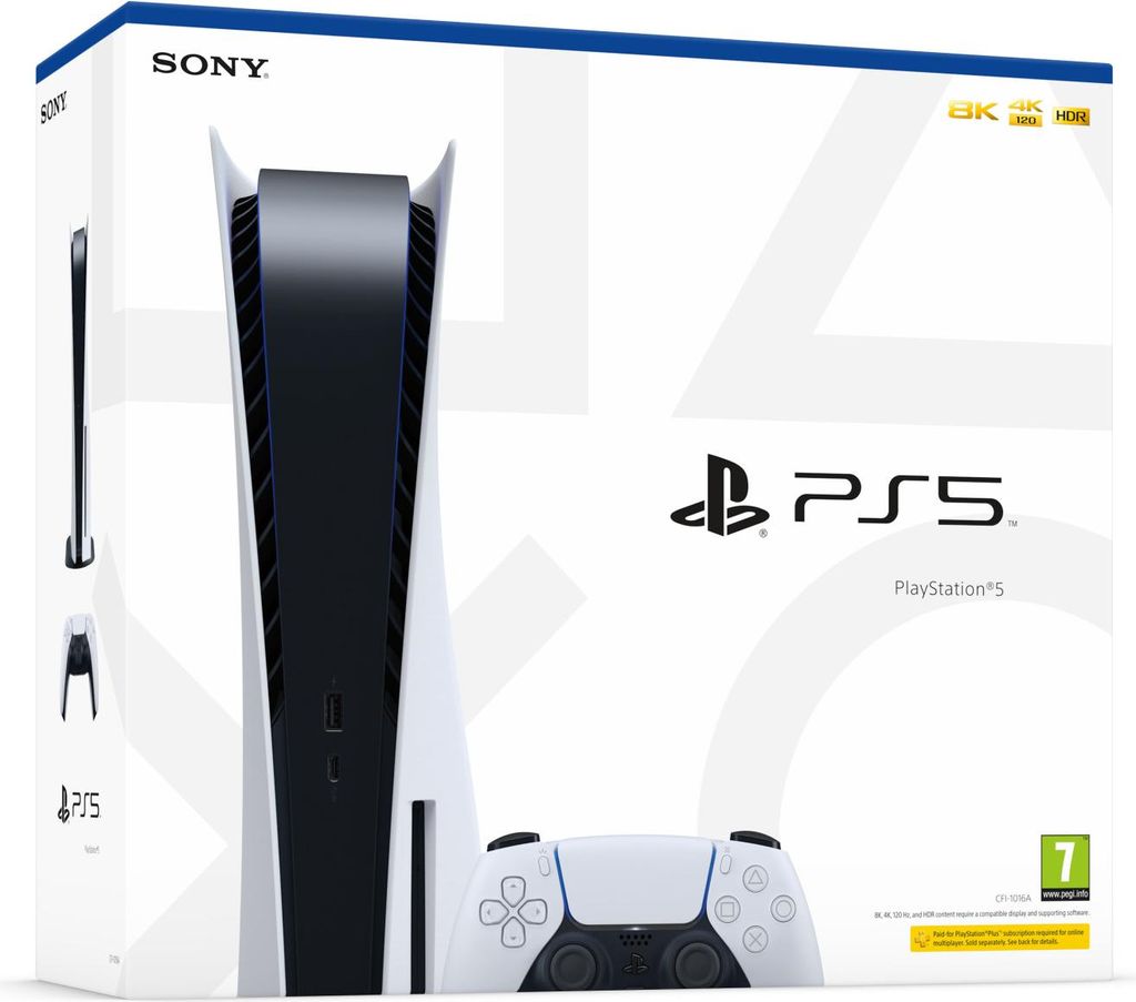 The image shows the retail packaging of a Sony PlayStation 5 console and controller.