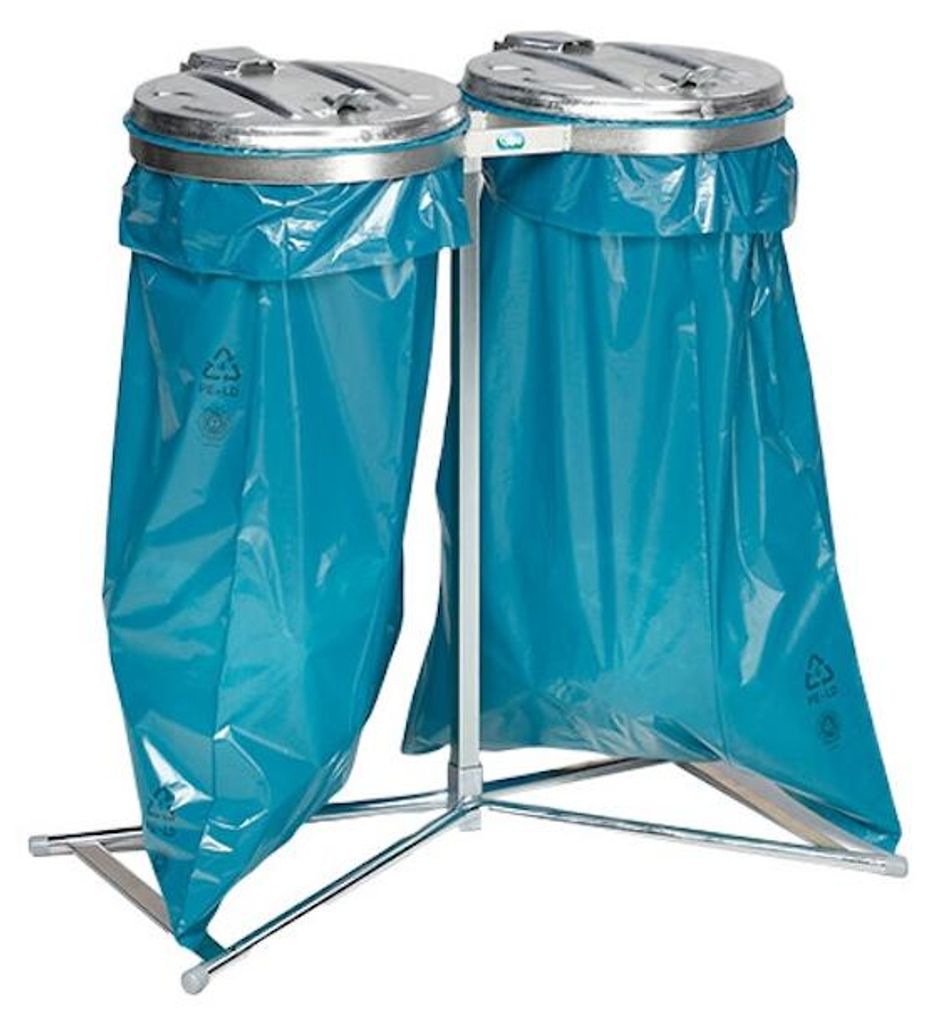Robuster Doppel-Abfallsammler mit Metall-Deckel | Stationär | 2x 120 Liter, HxBxT 98x85x48cm | Stahl | Verzinkt-Verzinkt