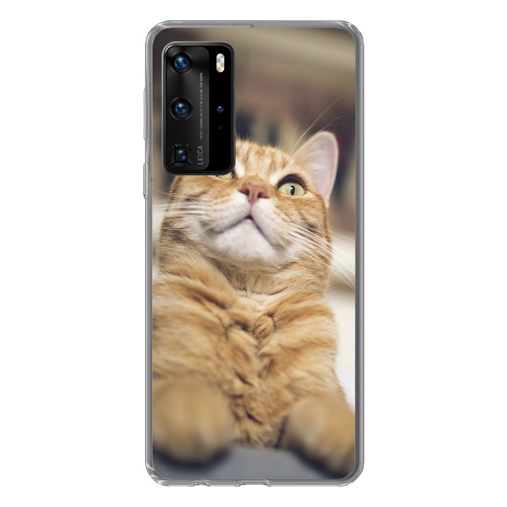 MuchoWow Handyhülle Schutzhülle Hülle für Huawei P40 Pro Katze - Bank - Orange Silikon Softcase Handy Hülle - Schutz