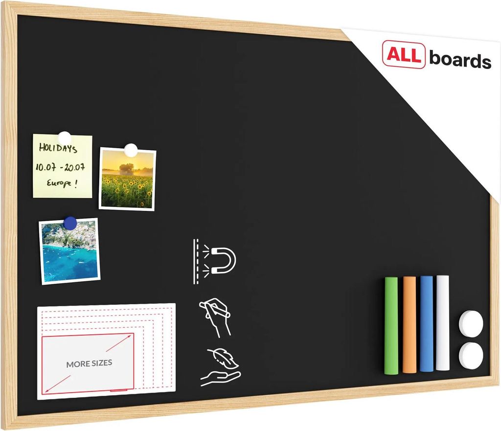 A blackboard with attached items and icons.