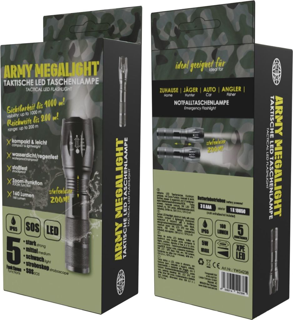 Taschenlampe Army Megalight Notfalllampe LED wasserdicht 160 Lumen Batterie