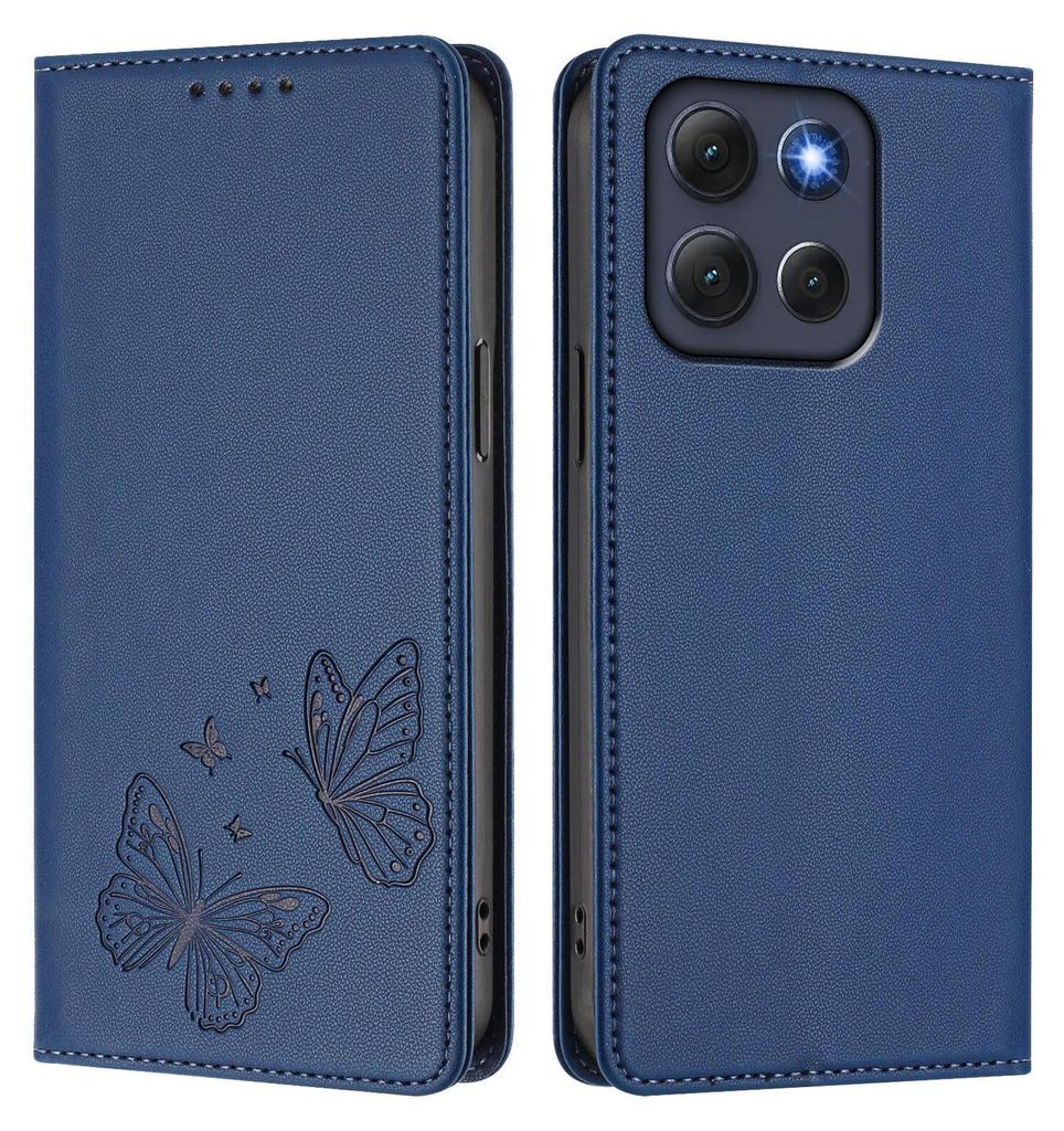 Lederhülle für Motorola Moto G86, Schmetterling Prägung Leder Brieftasche Schutzhülle mit Ständer Dunkelblau
