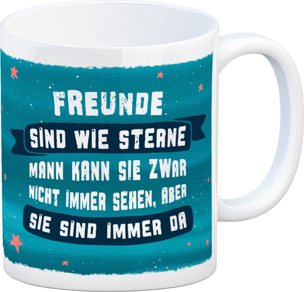 Freundschaft Kaffeebecher mit Stern Motiv und Spruch: Freunde sind wie Sterne
