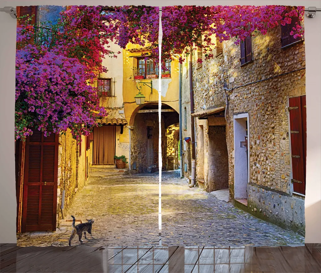 Rideau pour baie vitrée motif historique européen fuchsia 280 x 225 cm