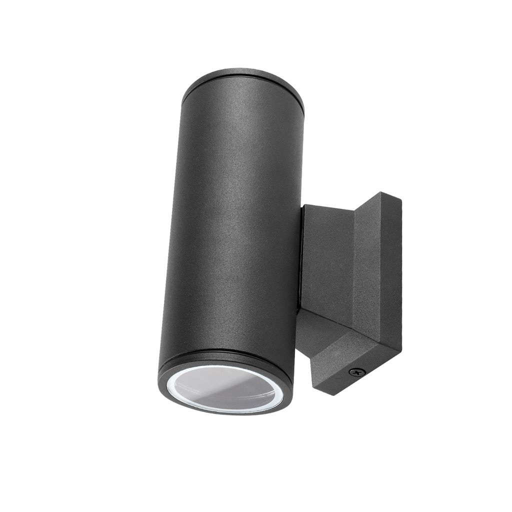 A black cylindrical LED wall light mounted on a wall bracket, shown against a white background.