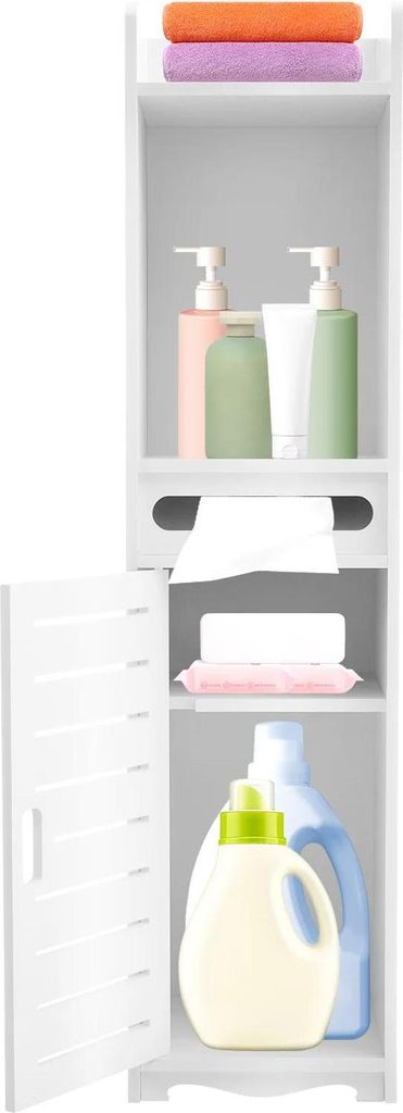 Badezimmerschrank - Schmaler Stand-Toilettenschrank - Freistehend - Hoch, mehrstufige Ablagen - PVC/Kunststoff - Montage erforderlich - Weiß