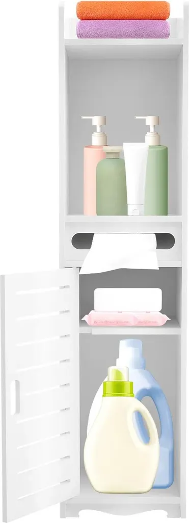 Armoire de toilette étroite haute en PVC blanc - Rangement 5 niveaux