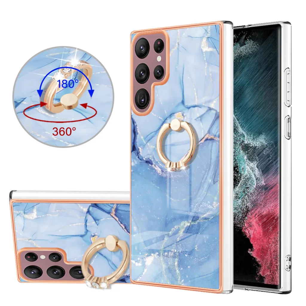 Custodia per Samsung Galaxy S22 Ultra 5G, custodia protettiva in silicone TPU bumper a fantasia con supporto ad anello blu - 1