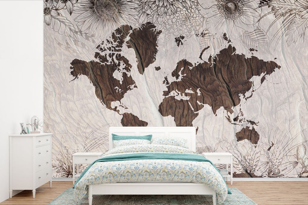 MuchoWow Fototapete für Wohnzimmer oder Schlafzimmer Wandtapete Vinyl Motivtapete Weltkarte - Holz - Blumen - 525x350 cm - Das Hintergrundbild