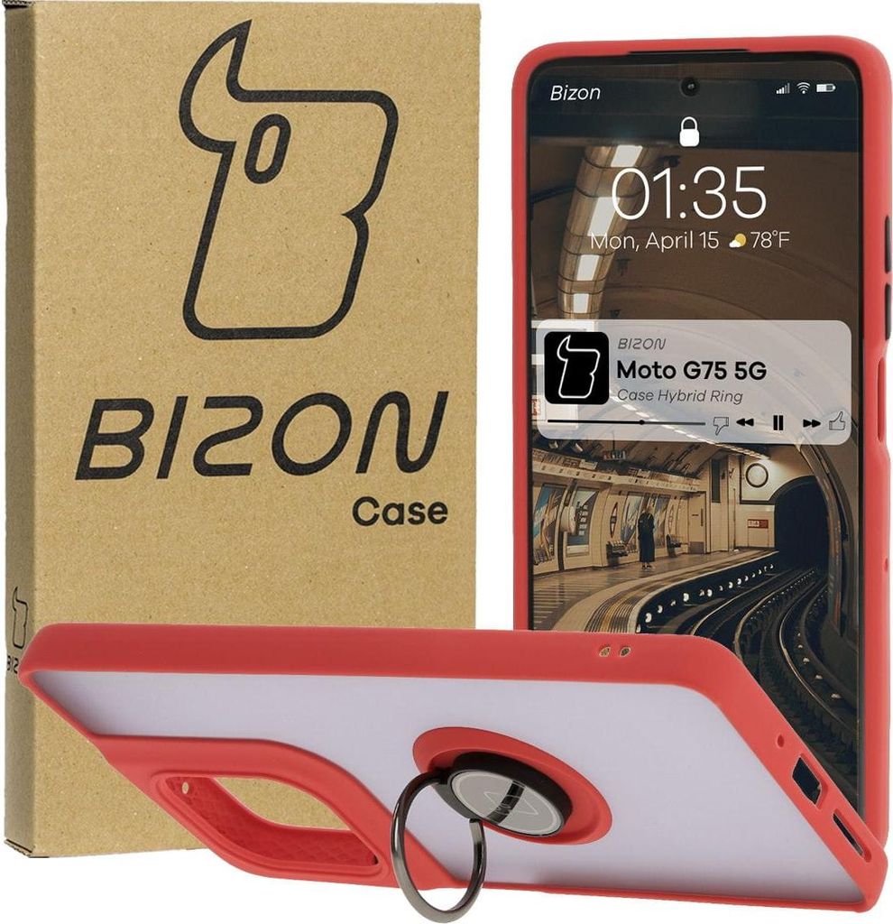 Bizon Case Hybrid Ring Fingerringhülle für Motorola Moto G75 5G, Rauch mit rotem Rahmen