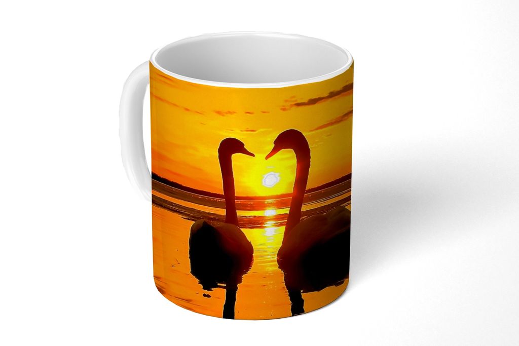 KitchenYeah Tasse Kaffeetasse Kaffeebecher 350 ml Schwäne - Sonnenuntergang - Vogel - Orange - Wasser Teetasse - Fototasse - Becher - Keramikbec...