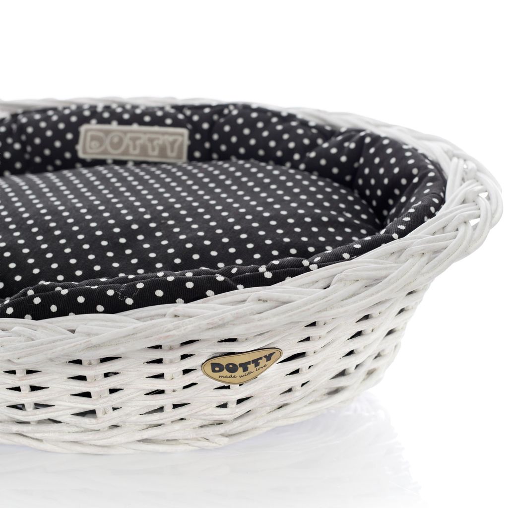 Weiß gebleichter Weidenkorb für Hunde Wikikorb mit Baumwoll-Hundebett – Schwarz mit weißen Punkten Polka Dots – DOTTY