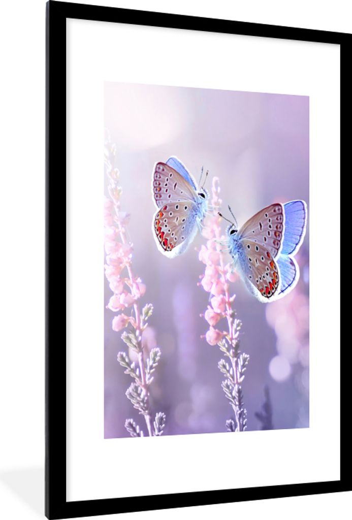 MuchoWow Gerahmtes Poster Schmetterling - Lavendel - Blumen - Lila 60x90 cm - Poster mit Schwarzem Bilderrahmen Wandposter Rahmen Foto Bilder - D...