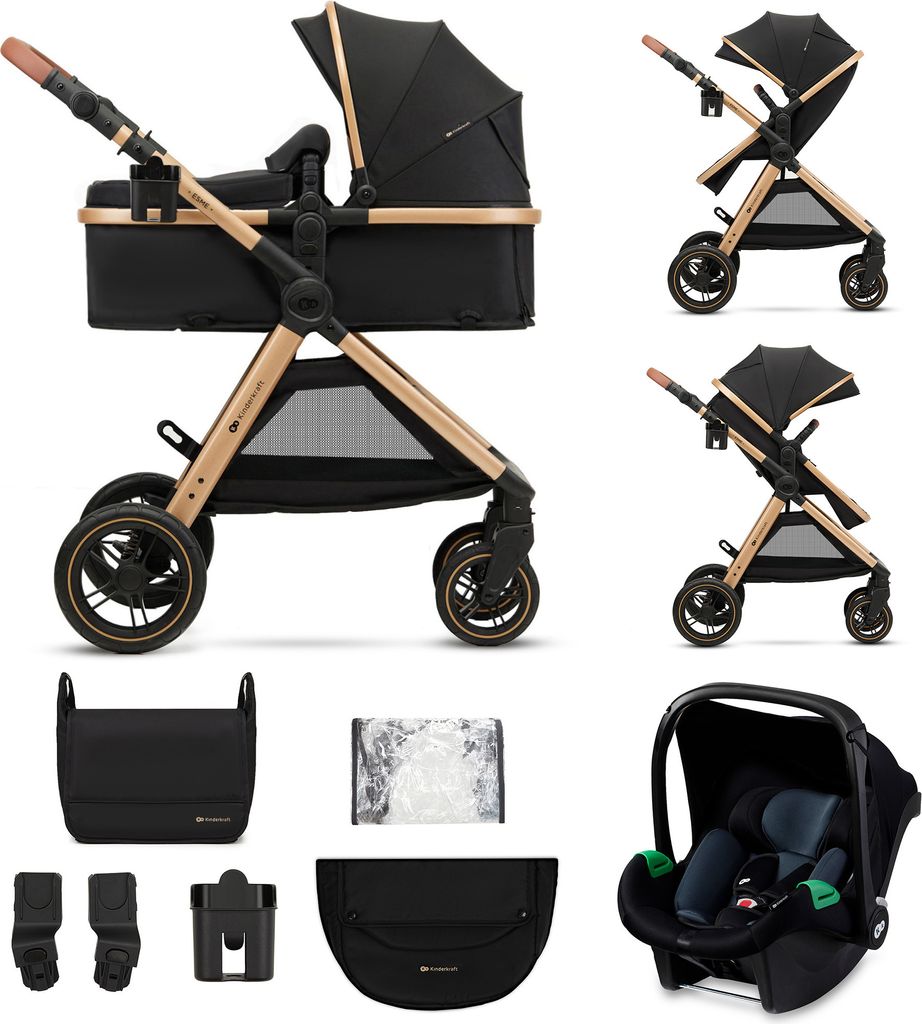 A collage of images showing a black and gold 3-in-1 stroller system with various accessories and configurations.