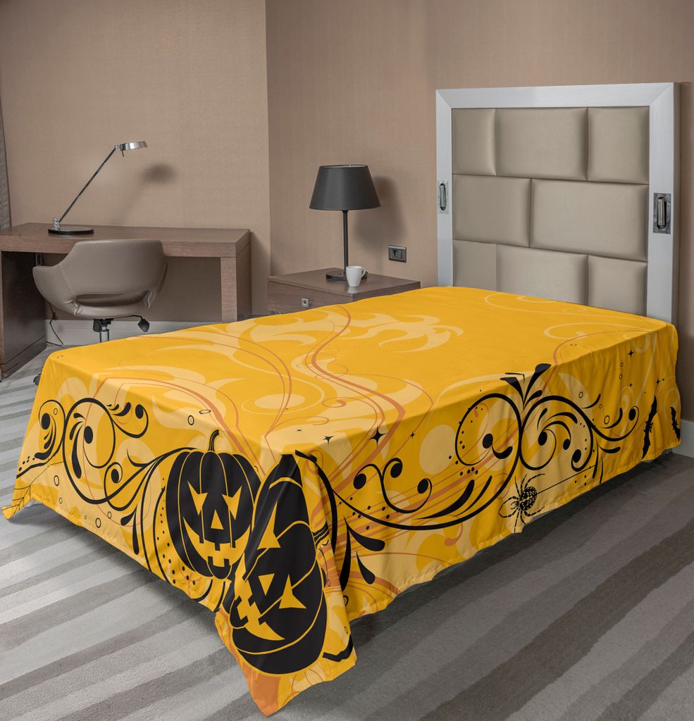 ABAKUHAUS Halloween Bettlaken, Geschnitzte Kürbisse mit Blumenmuster Fledermäuse und Web Horror Jack o Lantern Artwork, weiches bequemes oberes B...