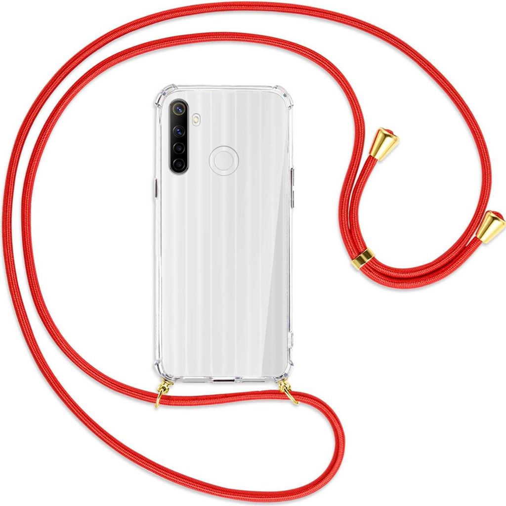 Handykette Backcover-Schutzhülle mit Band (Metall goldfarben) für Realme C3 - rot