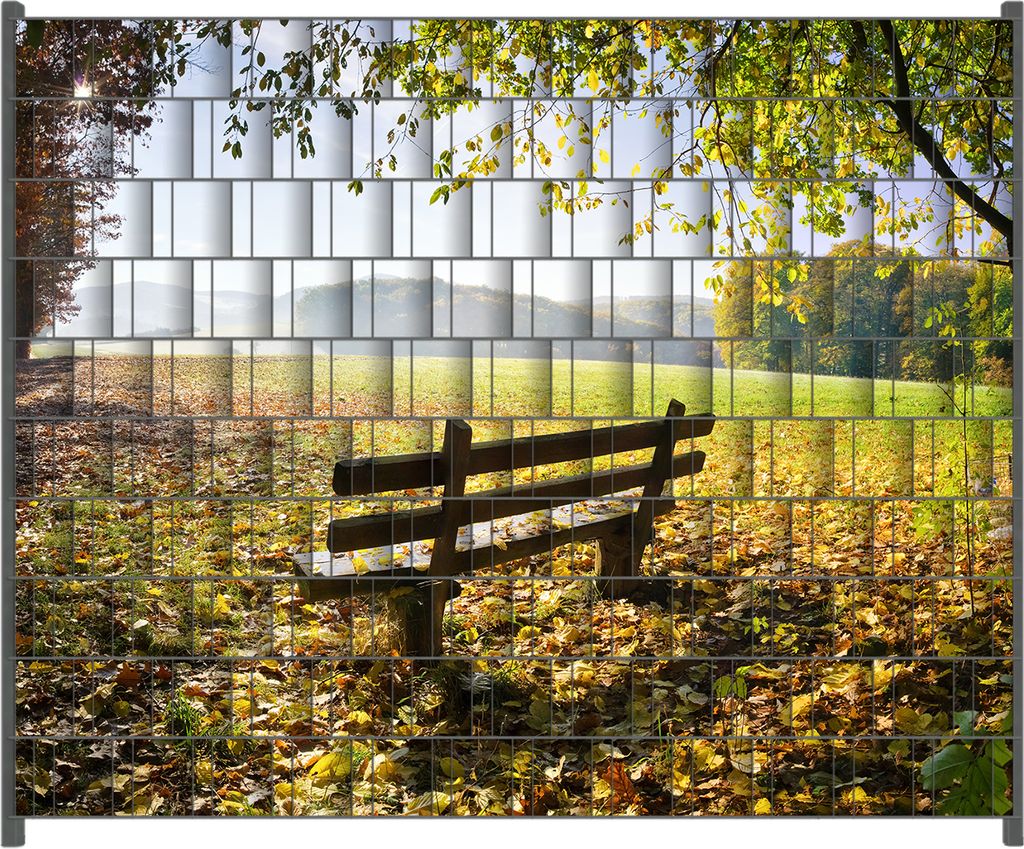 Wallario Zaunsichtschutz mit Motiv Idyllische Holzbank in den Bergen für Ein- und Doppelstabmatten Zäune in der Größe 250 x 200 cm