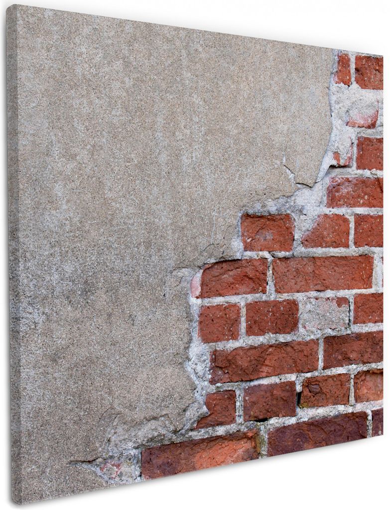 Wallario Premium Leinwandbild Steinwand rote Ziegelsteine mit Putz in Größe 50 x 50 cm