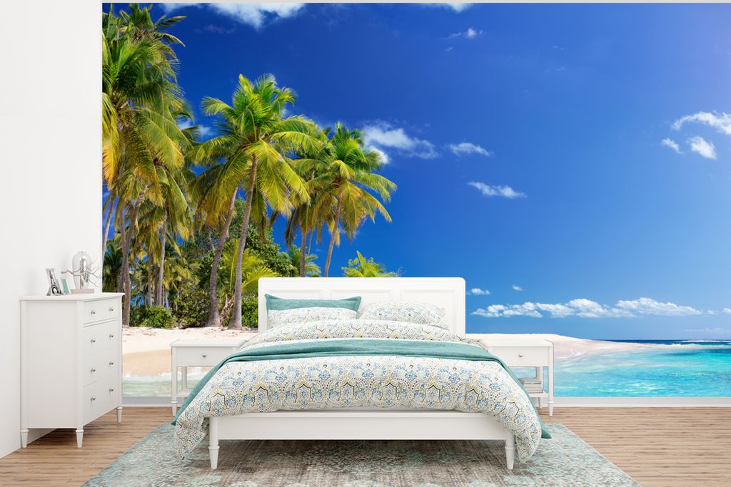 MuchoWow Fototapete für Wohnzimmer oder Schlafzimmer Wandtapete Vinyl Motivtapete Strand - Meer - Palme - Sonne - Sommer - 350x260 cm - Wohnzimm...