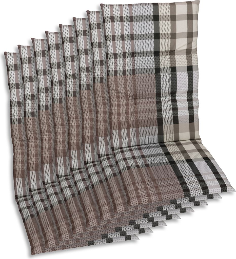 A stack of plaid seat cushions.