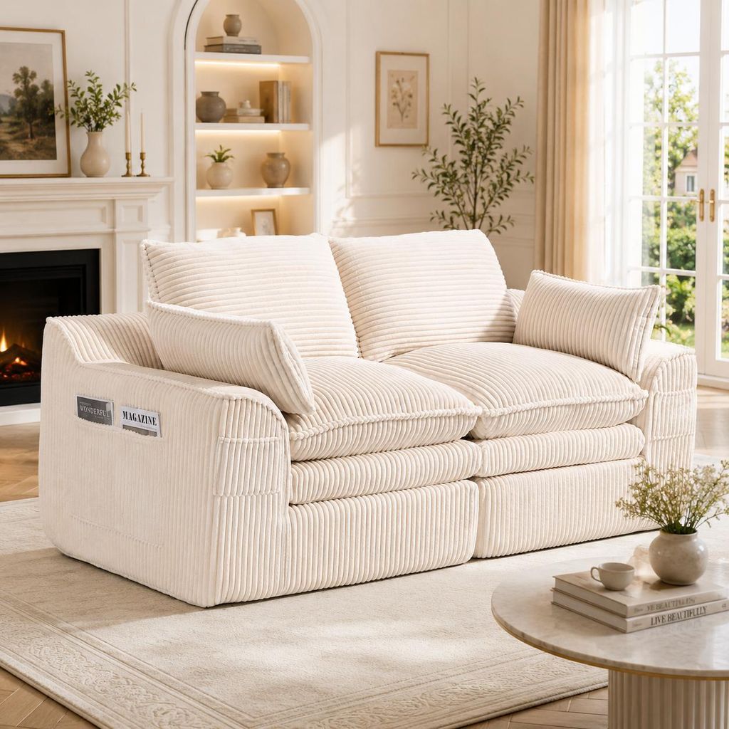 Cordsofa 2-Sitzer Beige Modular Sofa Klein Couch mit Kissen Federkern Seitentaschen Mini-Sofa Polstersofa Loungesofa für Wohnzimmer Büro Kleines ...