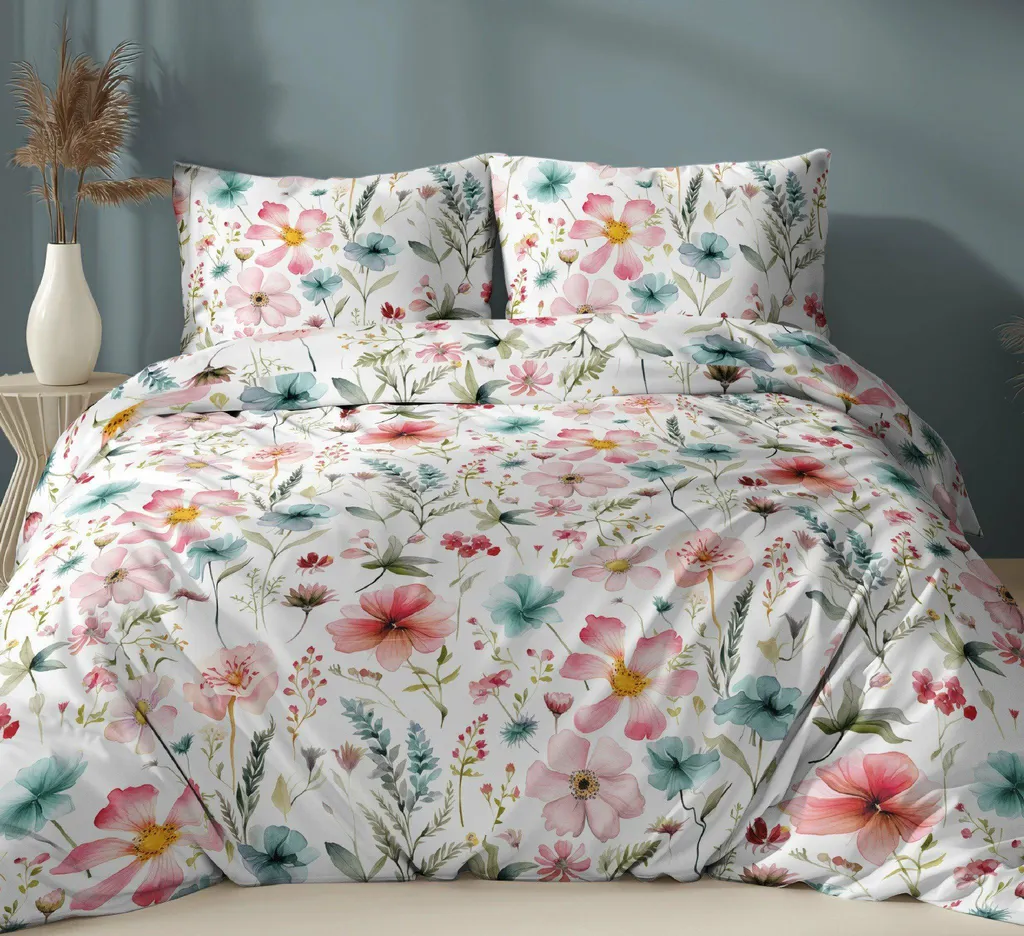 Housse de couette à fermeture éclair 140x200 fleurs colorées en satin