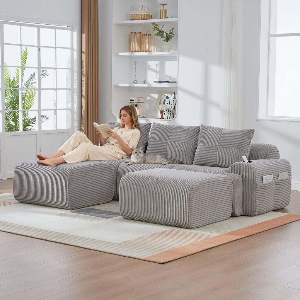 Modulares Cordsofa für 3 Personen (mit 2 Hockern), frei kombinierbar, inklusive Getränkehalter und seitlicher Aufbewahrungstasche, ideal für Woh...