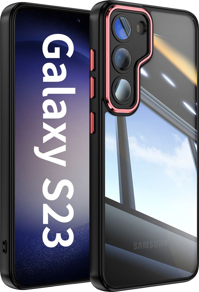Handyhülle für Samsung Galaxy S23 Hybrid Transparent TPU PC Militärschutz mit Kameraabdeckung Schwarz Rot