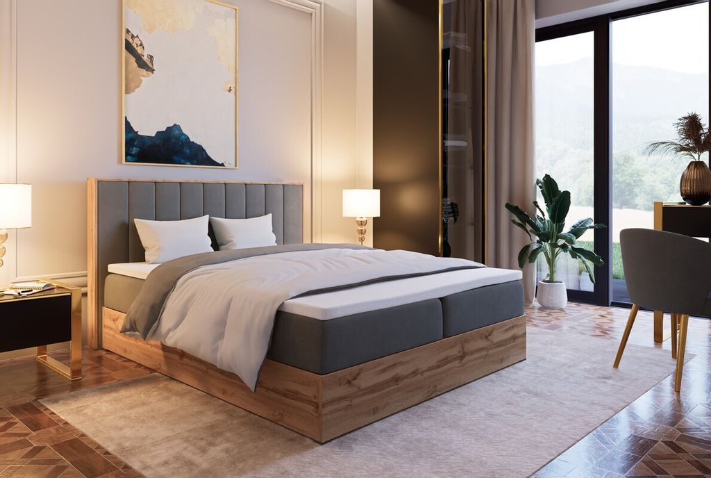 Marlux-Meble Leoni III Kontinentalbett 140x200 cm Modern Bequemes Hochbett Gepolstert Mit Matratze Und Zwei Bettzeugbehälter (Itaka 14 - Grau)