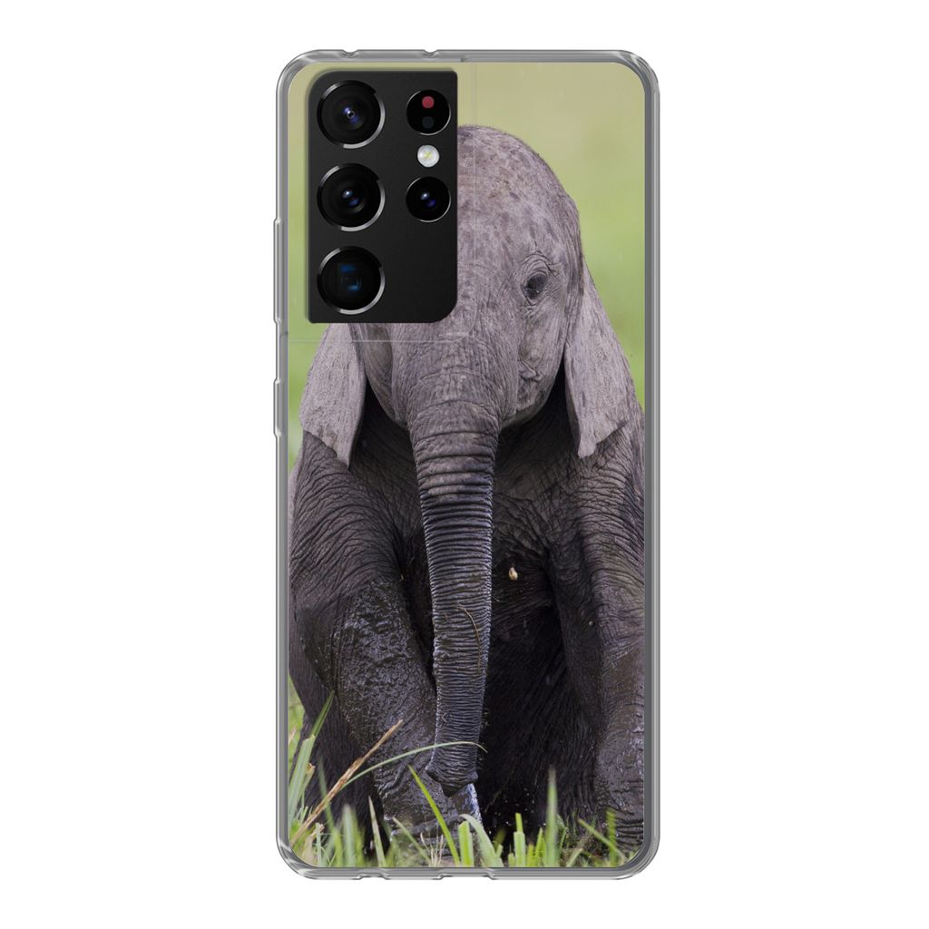 MuchoWow Handyhülle Schutzhülle Hülle für Samsung Galaxy S21 Ultra Elefant - Baby - Tiere - Gras - Natur Silikon Softcase Handy Hülle - Mobi...