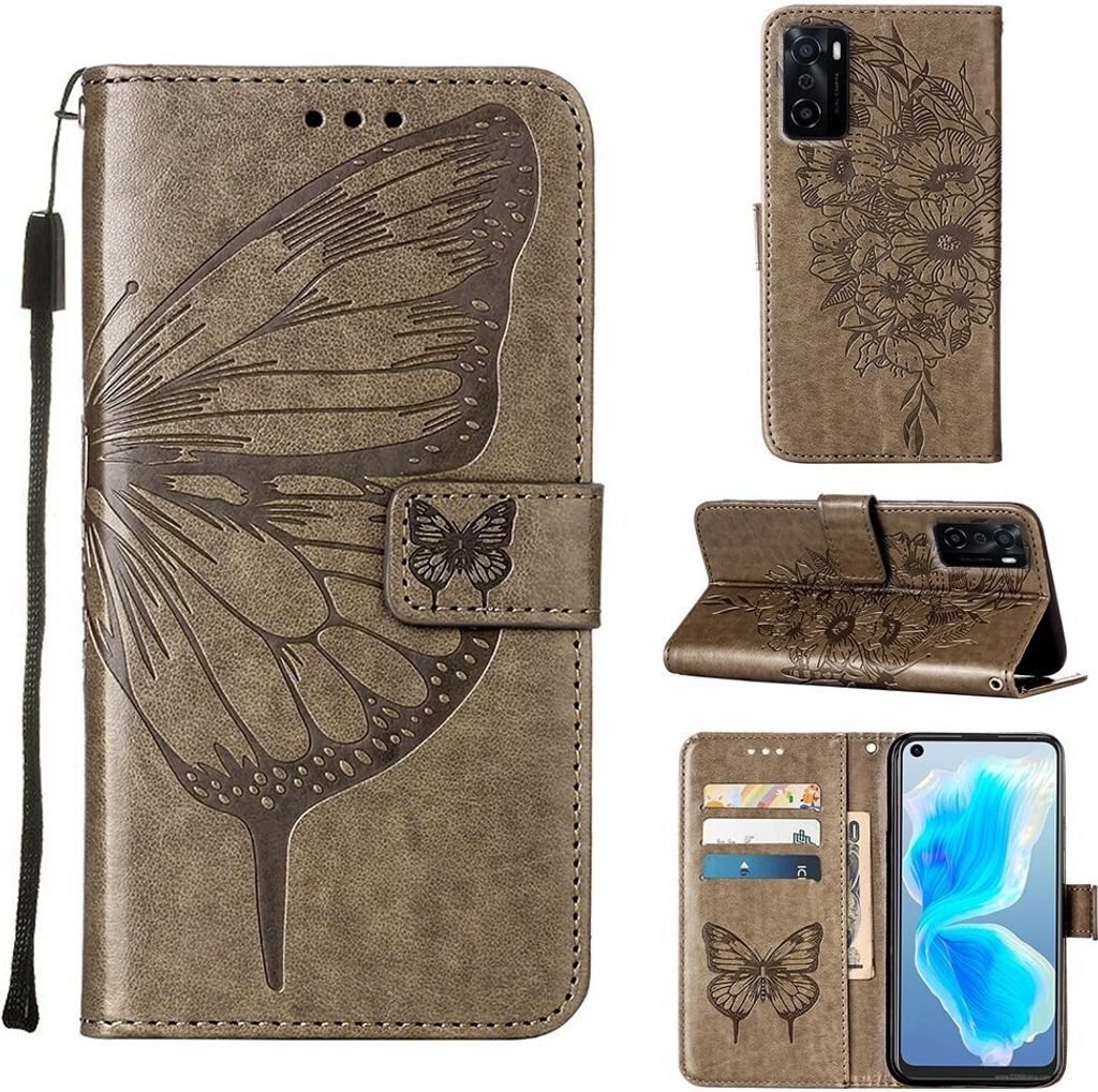OPPO A55S 5G Hülle, Schmetterling Prägung Flip Leder Kartenfächer Schutzhülle Ledertasche mit Ständer für OPPO A55S 5G Grau