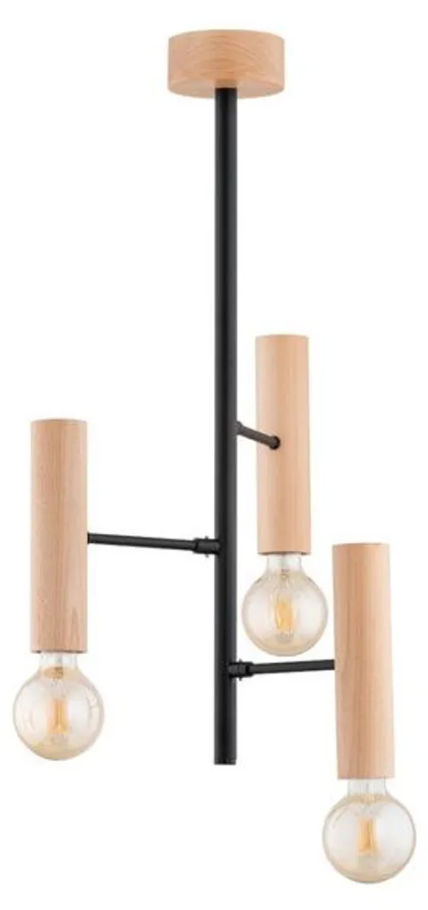 Suspension 3 Lampes E27 FLARA en Bois Naturel 67x37cm Finition Noire Mate