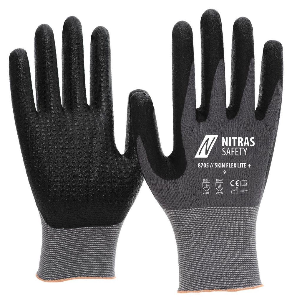 NITRAS SKIN FLEX LITE+, Montagehandschuhe, grau / schwarz, EN ISO 21420, EN 388, EN 407, Gr.: 10 12er Set