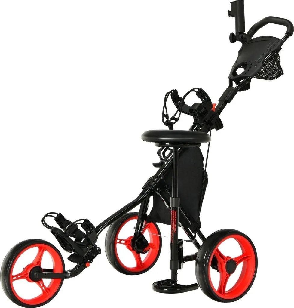 Chariot de golf 3 roues avec siège ergonomique et cadre rouge ajustable