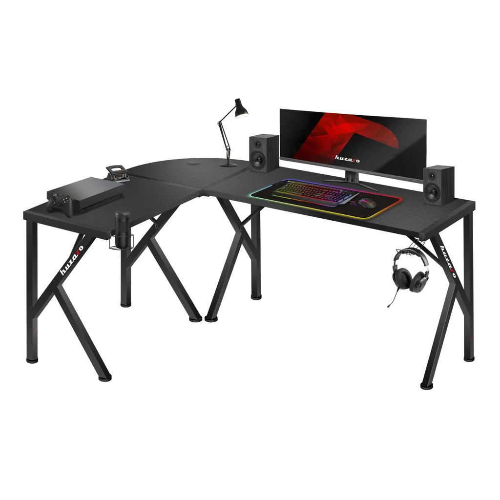 Bureau Gamer Huzaro Hero 6.3 Black - Table de Gaming d'Angle en L Noire