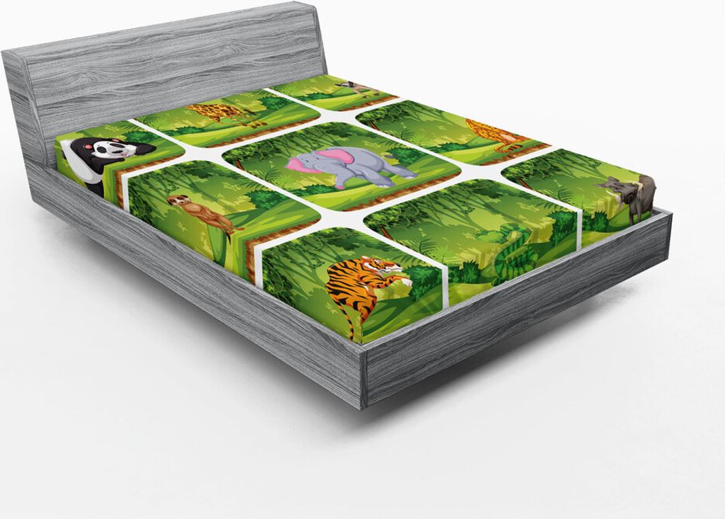 ABAKUHAUS forest Friends Spannbetttuch, Set von niedlichen Tieren in der Natur Dschungelszenen Illustration, 140 x 200 cm, Baby Pink Lila Blau