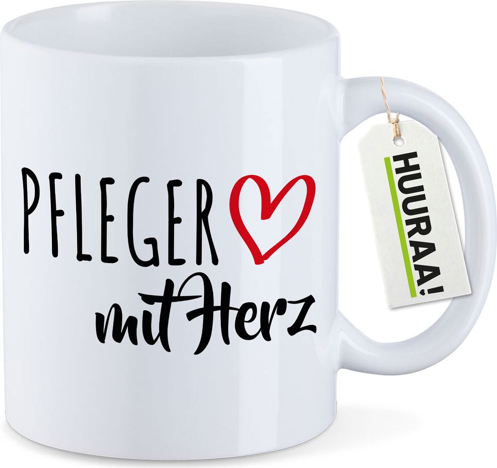 Huuraa Kaffeetasse Pfleger mit Herz 330ml Weiß Keramik Kaffeebecher Geschenkidee