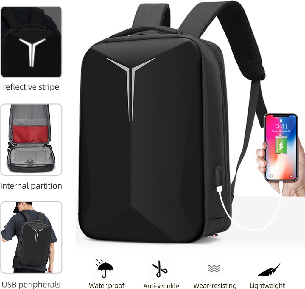 15,6-Zoll-Rucksack mit großer Kapazität, Computerrucksack, Hartschalen-Business-Computertasche mit reflektierendem Streifen, externe USB-Schnitts...