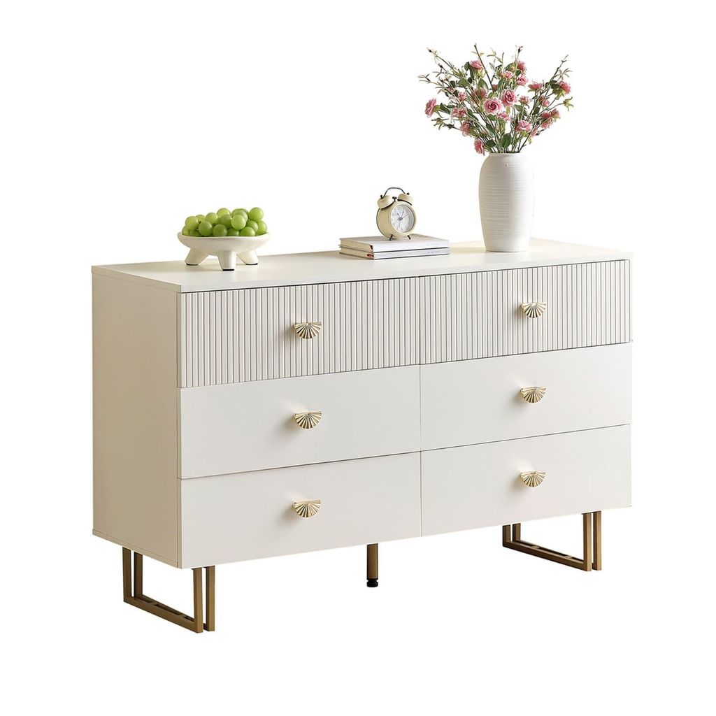 Modernes Sideboard mit 6 Schubladen in Weiß und Gold-Akzenten – Elegantes Design aus MDF und Stahl, Ideal für Schlafzimmer,Eingangsbereiche