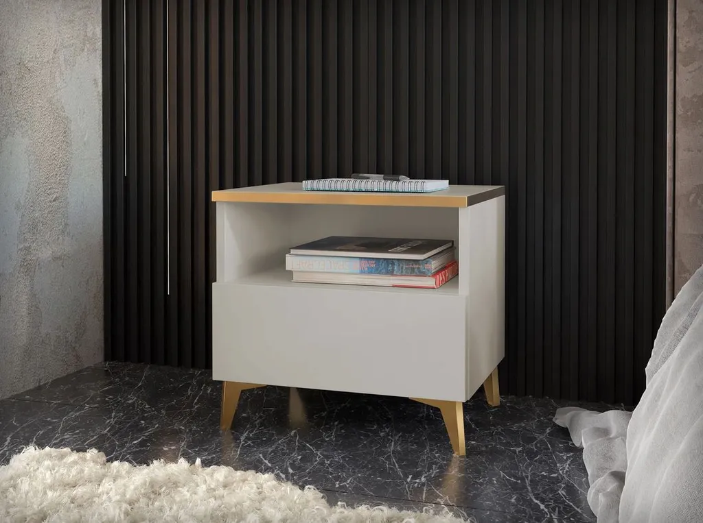 Table de chevet LIVA beige brillant - Finition luxe avec détails dorés