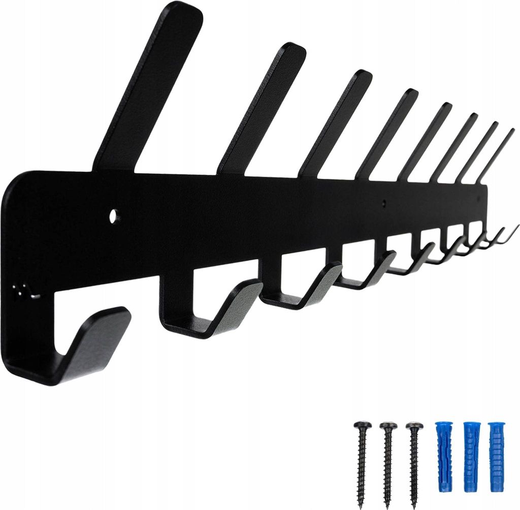 A black metal wall-mounted coat rack with 17 hooks is shown against a white background. Mounting hardware is visible in the bottom right corner.