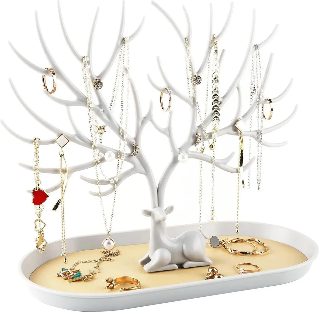 Présentoir bijoux bois de cerf blanc avec plateau de rangement intégré