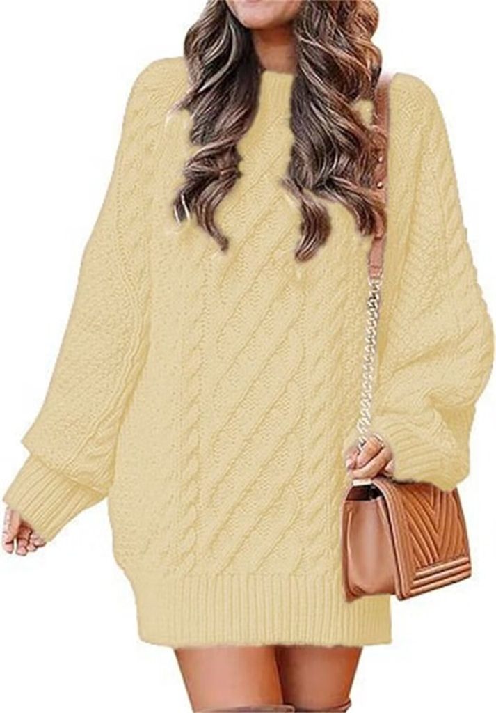 ASKSA Damen Pulloverkleid Rundhalsausschnitt Langarm Zopfmuster Rollkragen Chunky Pullover Kurze Pulloverkleider, Gelb, M