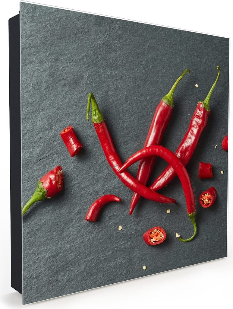 Nachbildung-Schlüsselkasten, Magnetpinnwand und Memoboard mit Glasfront Motiv Chili ganz und gehackt