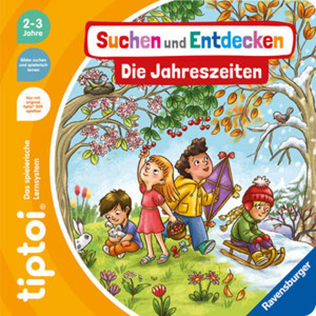 The image shows the packaging of a children's educational game about the seasons, featuring children playing outdoors in different seasonal settings.