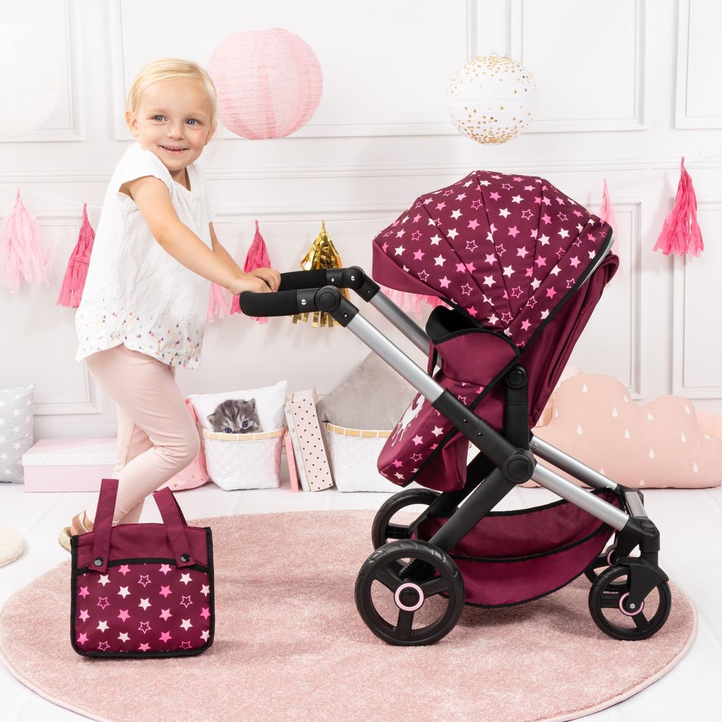 Bayer Design Puppenwagen Cosy – Klappbar, Inkl. Tasche Und Bettdecke – Jeans-grau/rosa – Für Puppen Bis 46 Cm