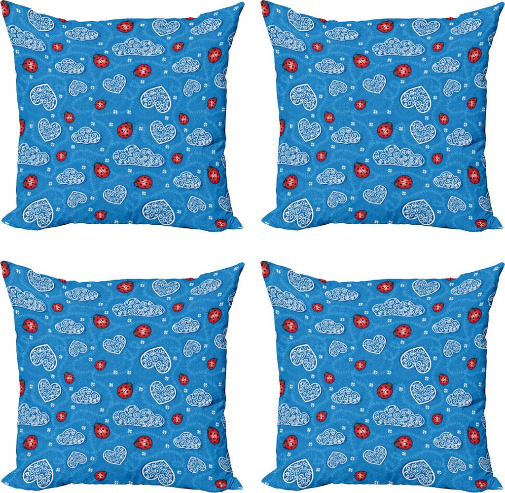 ABAKUHAUS Marienkäfer Kissenbezug Set (4 Stück), Marienkäfer-Herz-Wolken, Moderner Doppelseitiger Digitaldruck, 45 cm x 45 cm, Blau Rot