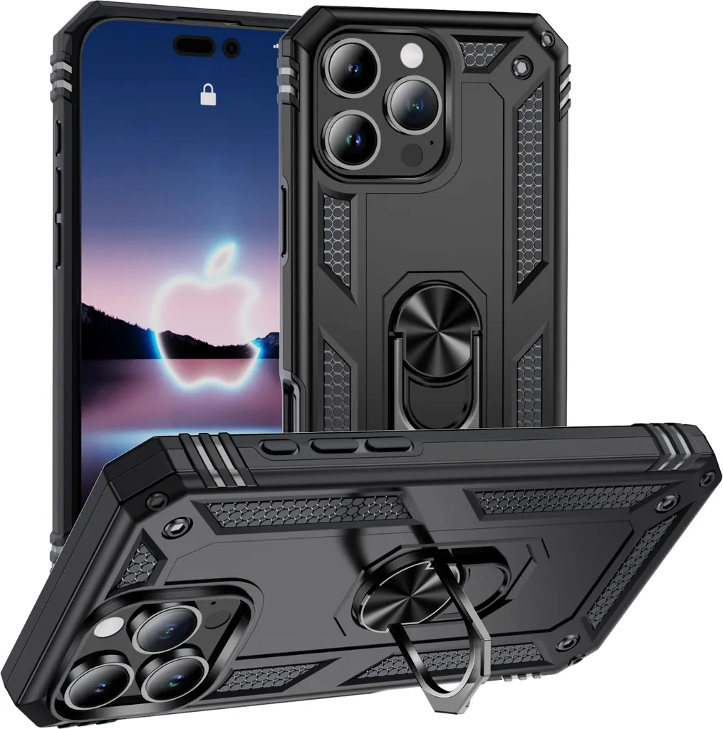 Custodia per iPhone 16 Pro a doppio strato robusta, protezione militare con supporto ad anello e supporto nero