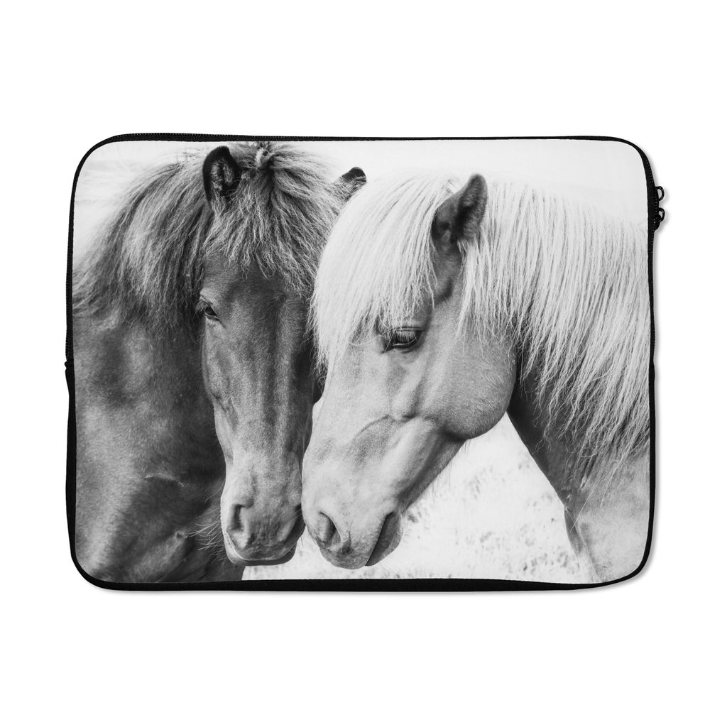 MuchoWow Laptop Hülle 17 Zoll Laptoptasche Pferde - Tiere - Schwarz und weiß - Natur - Zipper - Schutzabdeckung