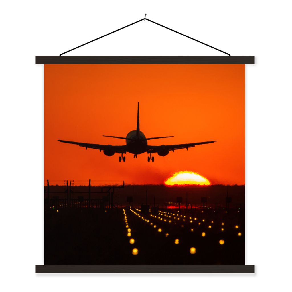 MuchoWow Textilposter Sonnenuntergang - Flugzeug - Orange - Sonne 90x90 cm mit schwarzem Rahmen - Magnetisches